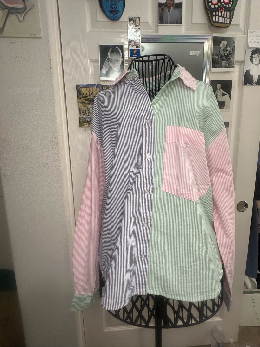 Pastel Striped Button-Down Shirt in Pink, Green & Blue